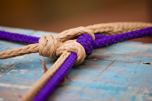 two coloured ropes tied together in a knot