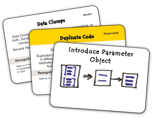 Front side of the cardbox, depicting two smell cards and a
refactoring card stacked on each other.